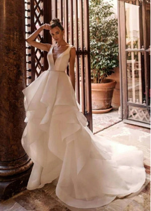 Ivory Organza Layered V Back Wedding Dress
